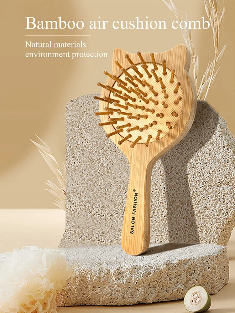 Eco Bamboo Hair Brush Nature Wooden Anti-Static Detangle Brush Hair Scalp Massage