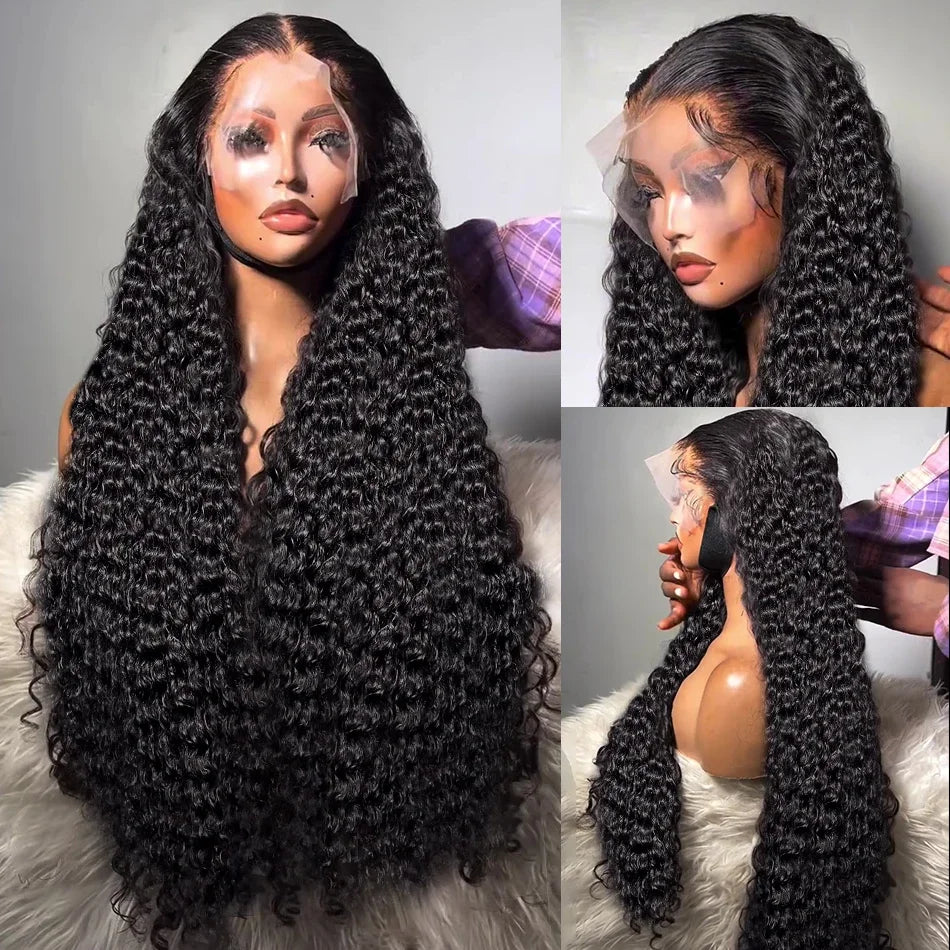 Transparent 250 Density Water Culry Hd Lace Frontal Wig Human Hair 40 42 Inch Deep Wave 13x4 Lace Front Wigs For Black Women