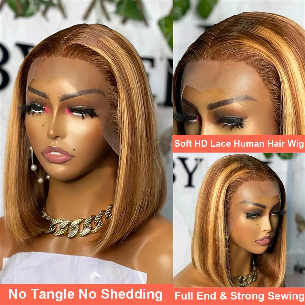 Short Straight P4/27 Color Bob Lace Front Human Hair Wigs Ombre Highlight Preplucked 13x4 Bob Lace Frontal Wigs 100% Human Hair