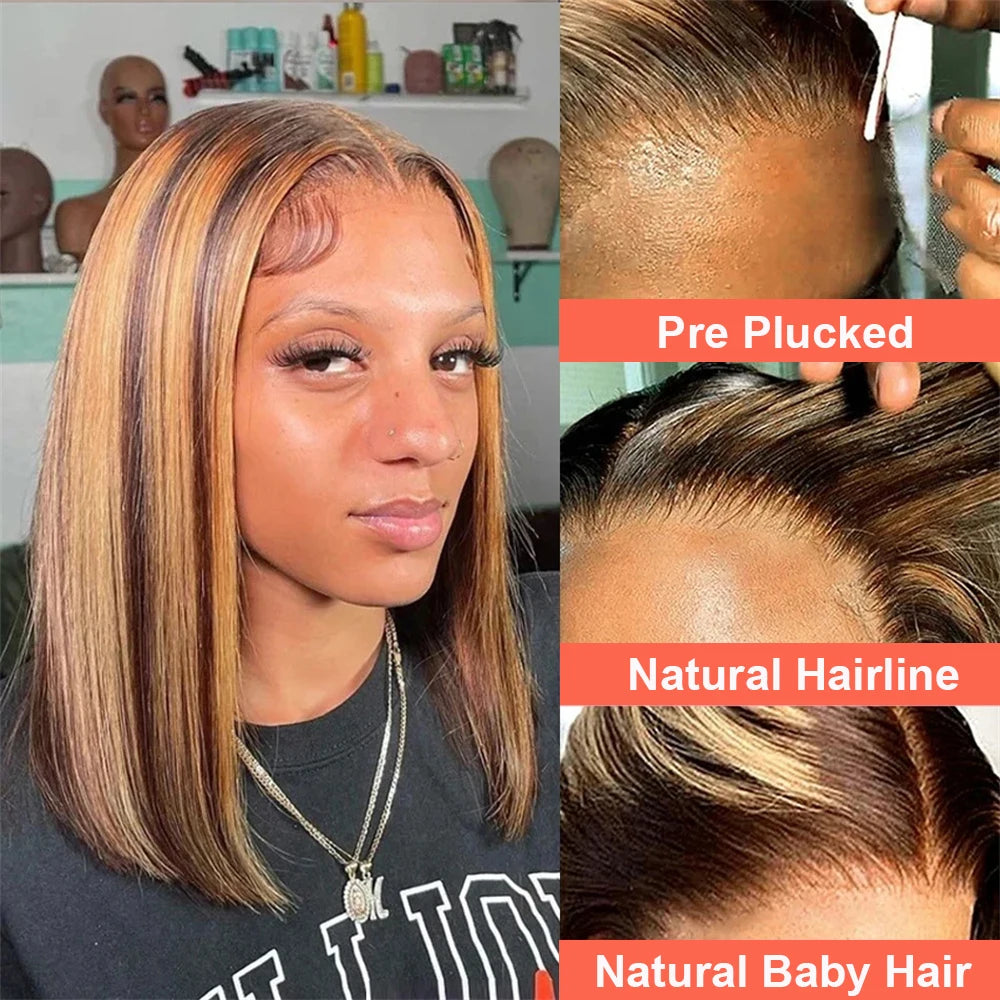 Short Straight P4/27 Color Bob Lace Front Human Hair Wigs Ombre Highlight Preplucked 13x4 Bob Lace Frontal Wigs 100% Human Hair