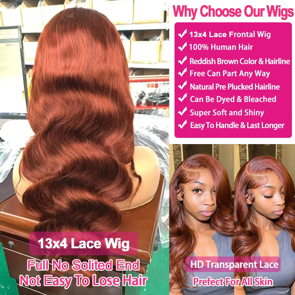 Reddish Brown Body Wave HD 13x4 13x6 Lace Frontal Brazilian Remy Human Hair Wigs