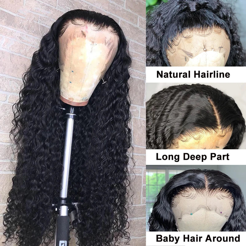 Deep Wave Frontal Wig Human Hair 13x4 Curly Lace Front Wig Full Transparent HD Lace Water Wigs 180 Density Brazilian - Supreme Lush Hair