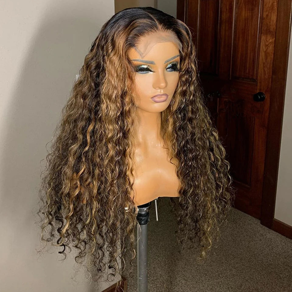 Deep Wave Lace Frontal Honey Brown Curly Highlight Human Hair Wigs