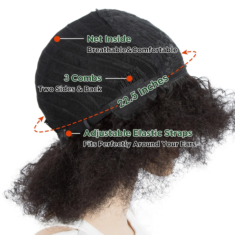 Peruvian Afro Curl 100% Remy Human Hair Short Wig With Bangs Glueless
