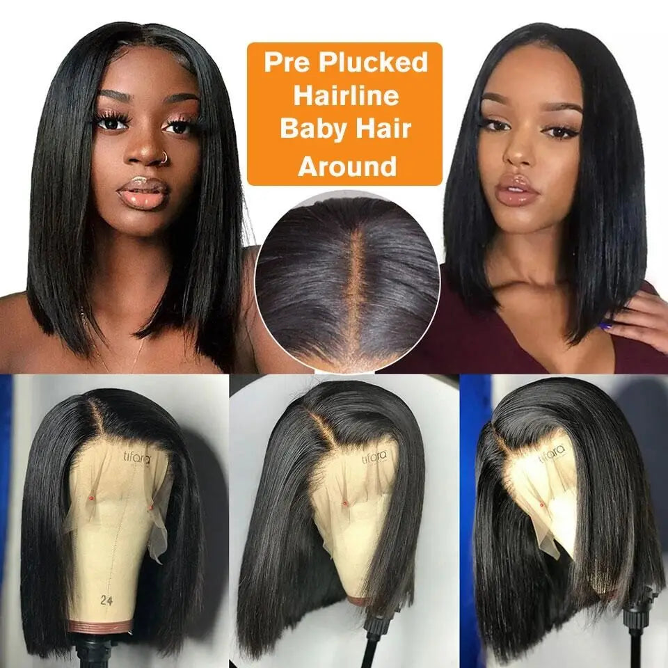 Glueless Short Bob Straight Human Hair Wigs 13x4 Transparent Lace Frontal Wig Pre Plucked 100% Human Hair Lace Closure Wig 180%