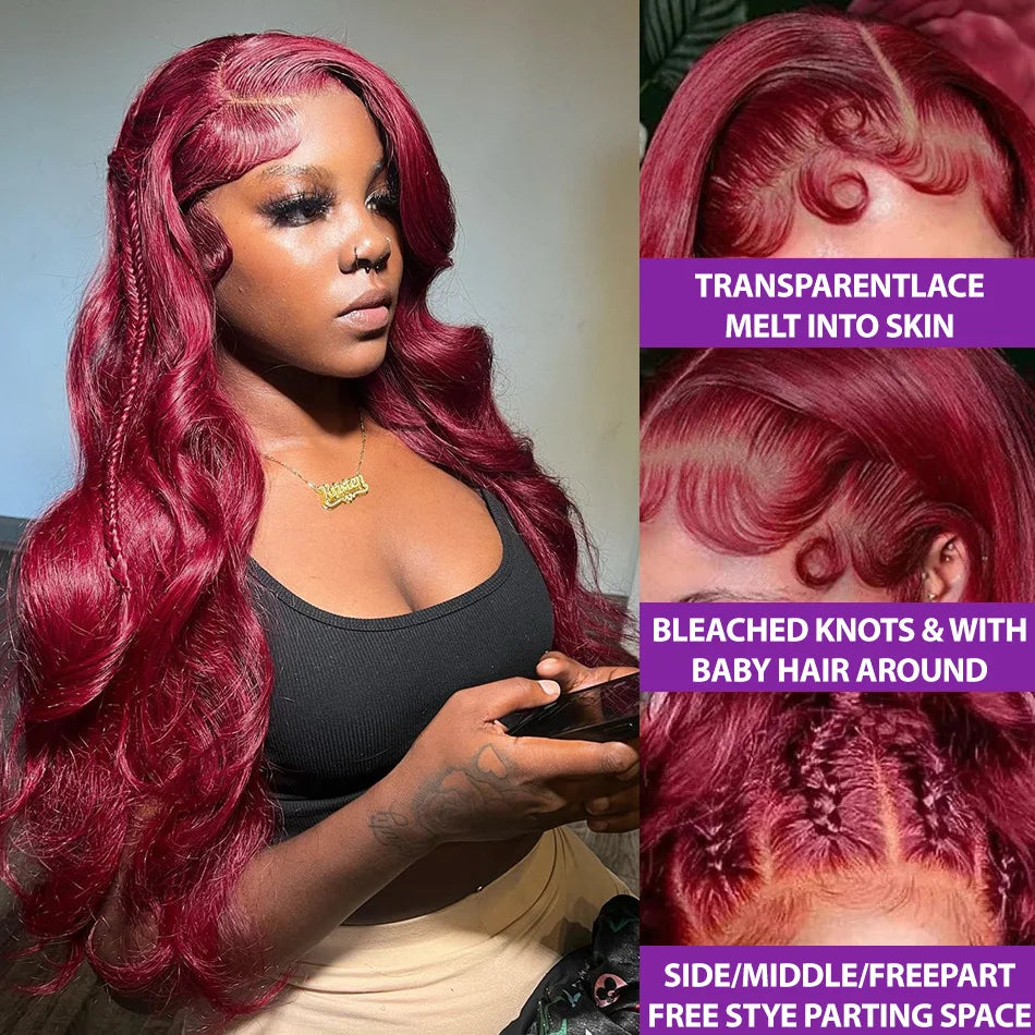 99J Burgundy Lace Front Human Hair Wig Body Wave Red Colored Glueless Wigs Brazilian 13x4 HD Lace Frontal Wigs For Women