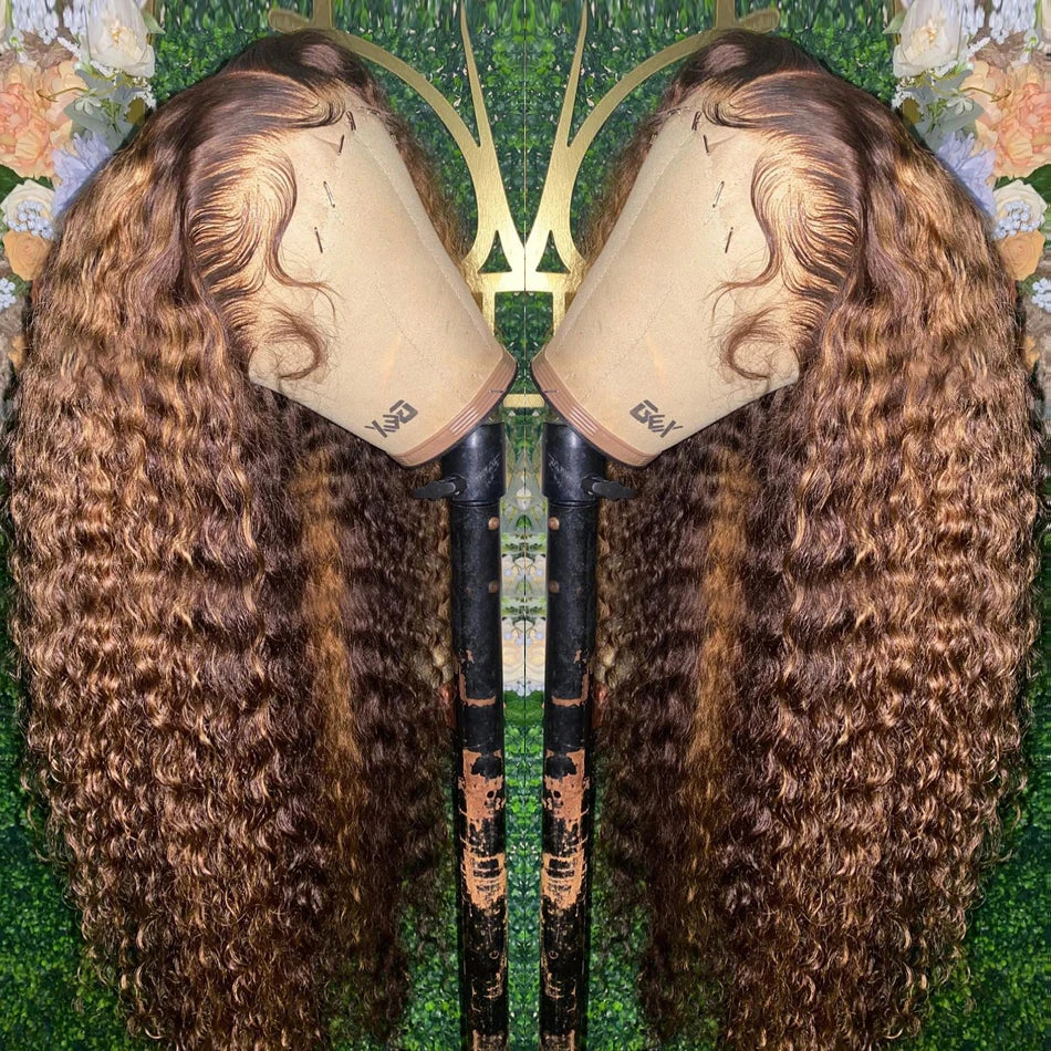 Pre Cut Highlight Curly Human Hair Deep Wave Bleached Wigs