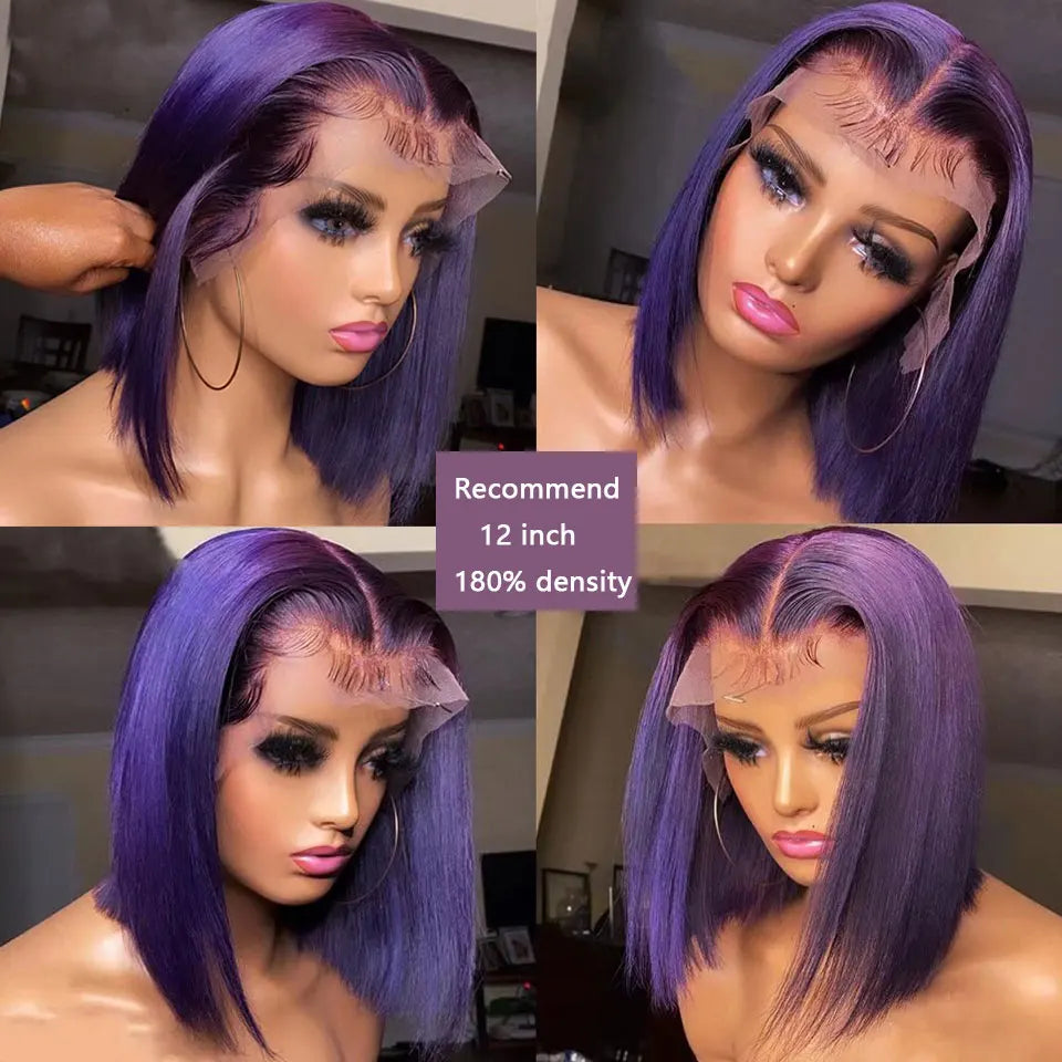 Short Bob Wig 180% Dark Purple Lace Front Human Hair Wigs