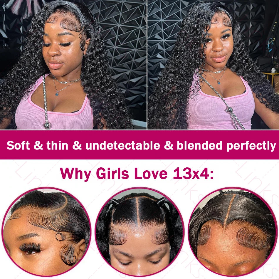 Transparent 250 Density Water Culry Hd Lace Frontal Wig Human Hair 40 42 Inch Deep Wave 13x4 Lace Front Wigs For Black Women