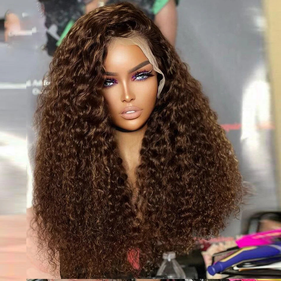 Natural Hairline Soft Pre plucked 26Inch Long 180%Density Glue less Brown Kinky Curly Lace Front Wig With Baby Hair