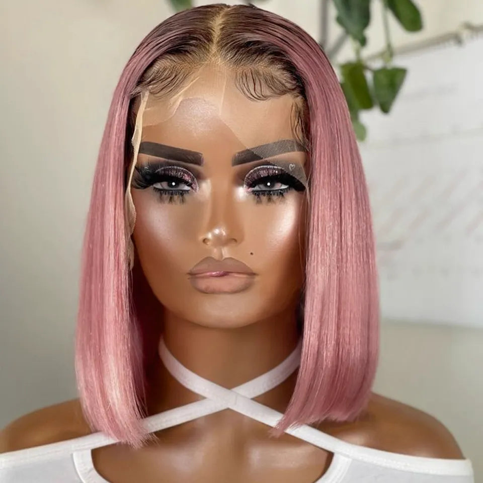 Pink Bob Wig Silky Straight Lace Front Human Hair Short Bob Transparent Lace Wig Bleached Knots Pre Plucked Pink