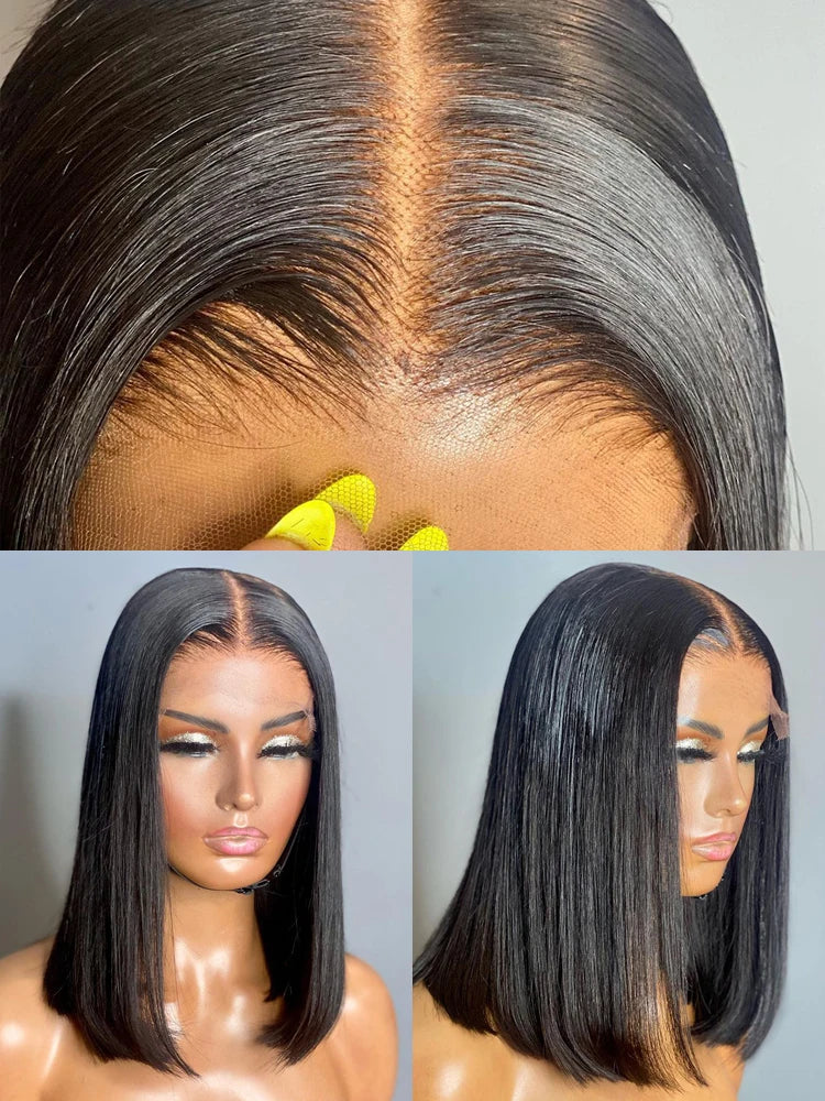 Transparent Lace Frontal Short Bob Wig Glue less Remy Straight Natural Hair