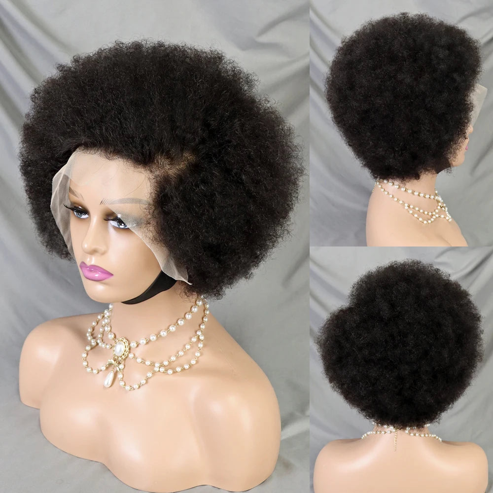 Afro Kinky Curly Lace Front Human Hair Afro Side Part Natural Hairline Glue less Short Wigs