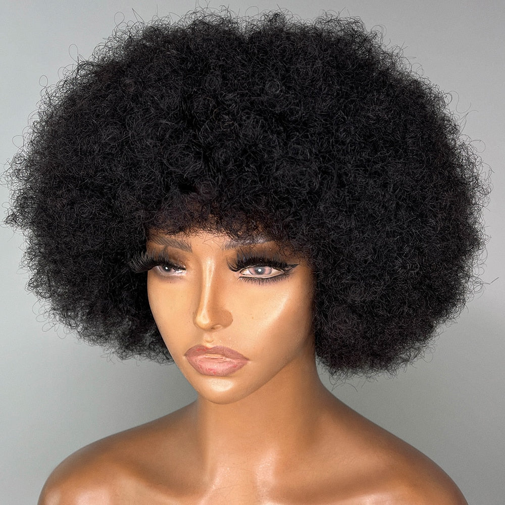 Fluffy Afro Kinky Curly Human Hair Wig With Thick Bang 70s Natural Short Bob Wigs - Supreme Lush Hair