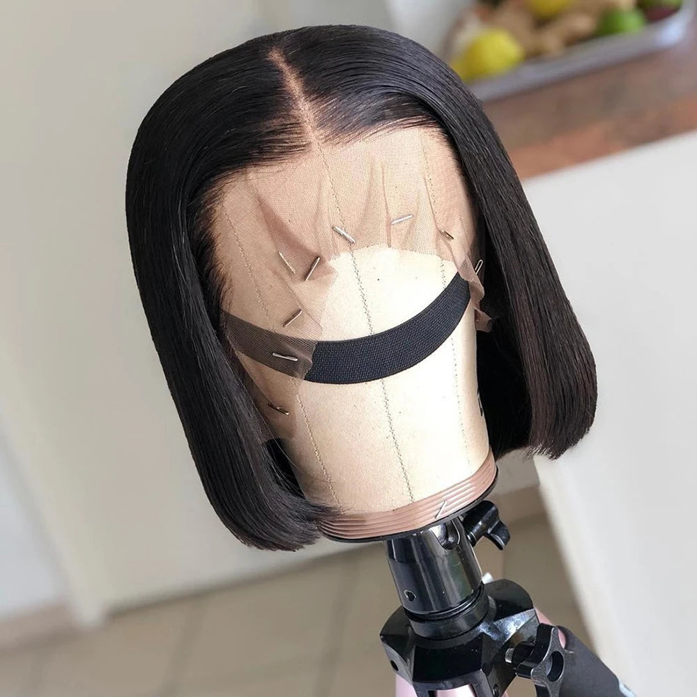 Pre Plucked Closure Brazilian Hair Lace Front Short Bob Wig Straight Natural Black Human Hair