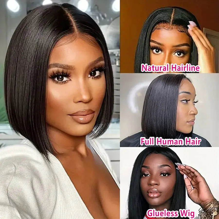 Glueless Short Bob Straight Human Hair Wigs 13x4 Transparent Lace Frontal Wig Pre Plucked 100% Human Hair Lace Closure Wig 180%