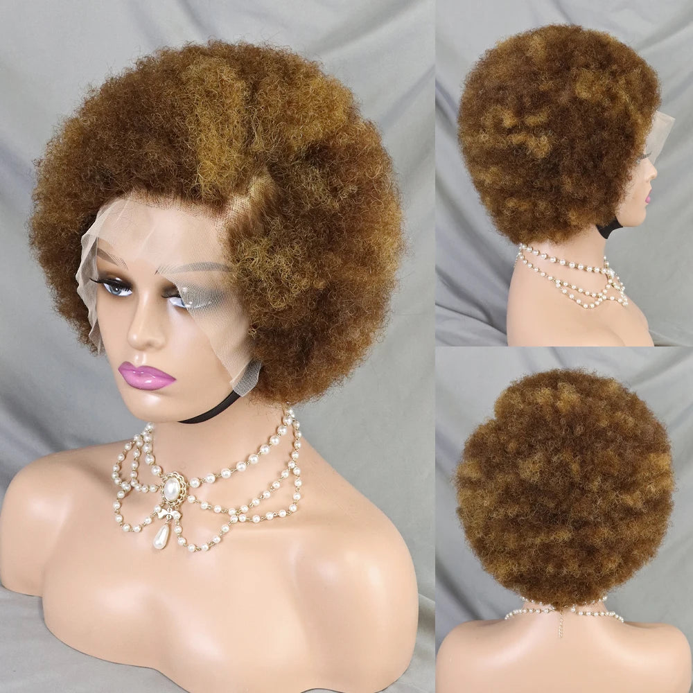 Afro Kinky Curly Lace Front Human Hair Afro Side Part Natural Hairline Glue less Short Wigs