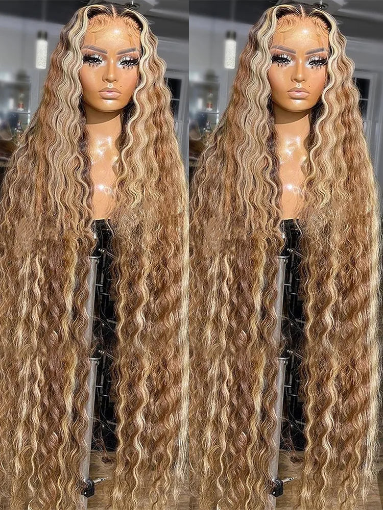 Pre Cut Highlight Curly Human Hair Deep Wave Bleached Wigs