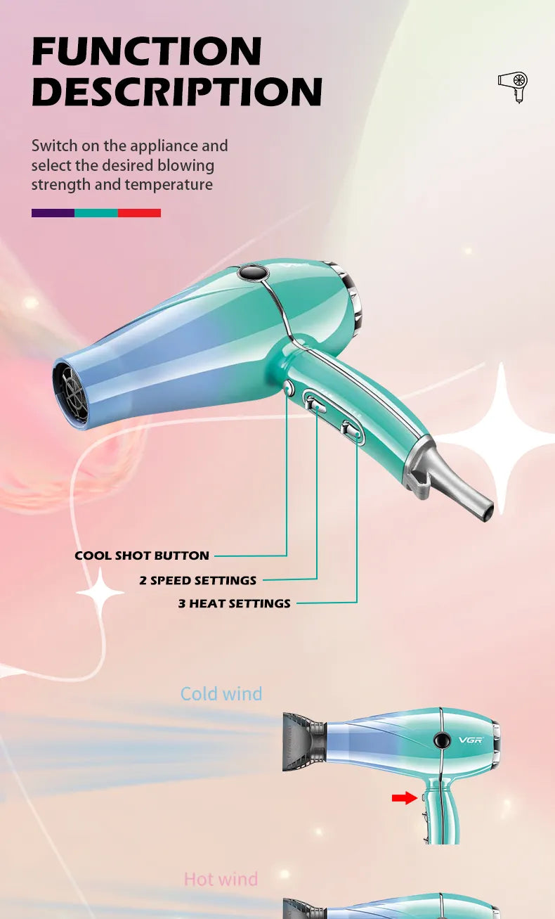 VGR Professional Hair Dryer 2400W High Power Overheating Protection Strong Wind Drying Hair Care Styling Tool V-452