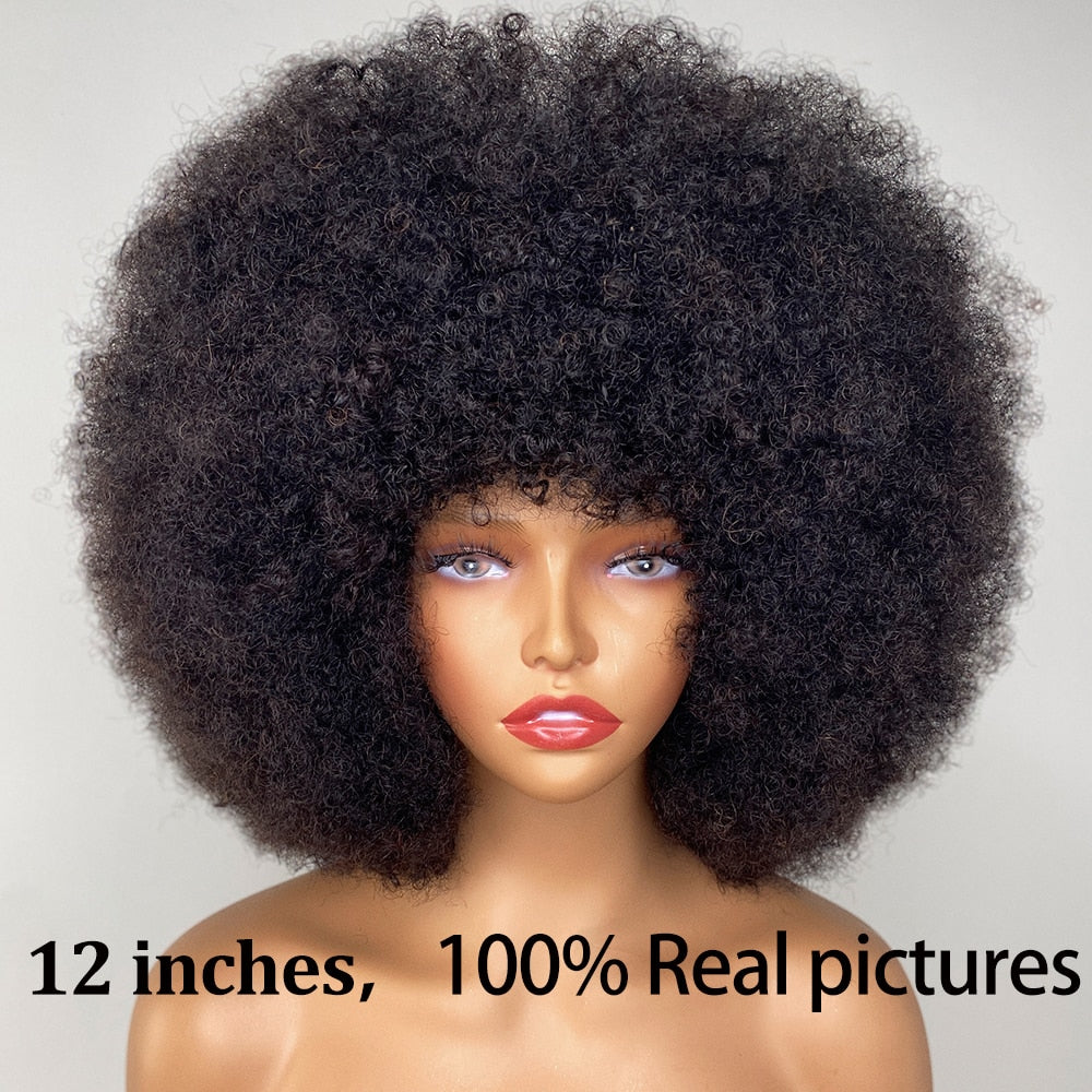 Fluffy Afro Kinky Curly Human Hair Wig With Thick Bang 70s Natural Short Bob Wigs - Supreme Lush Hair