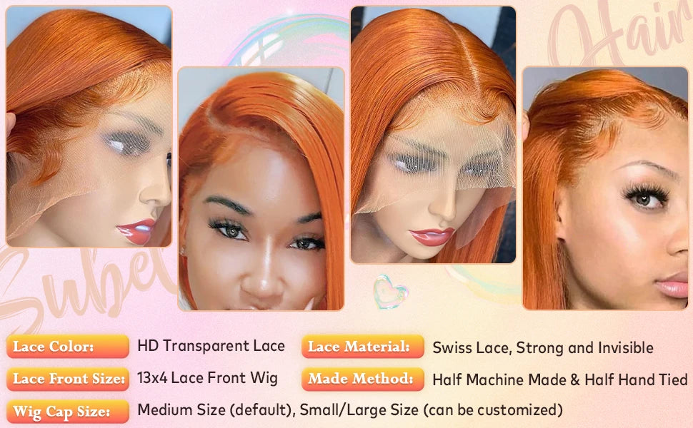 Orange Ginger Lace Front Human Hair Straight Lace Frontal Pre Plucked Wig