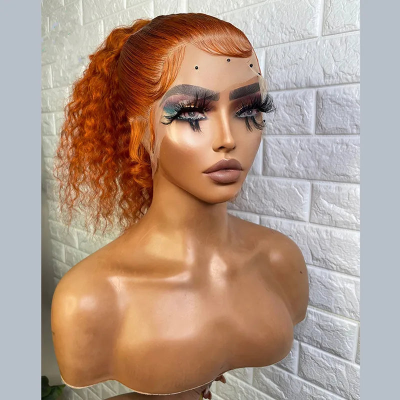 Ginger Orange Kinky Curly 180% Density Lace Front Wig Pre Plucked Heat Resistant Deep Wave