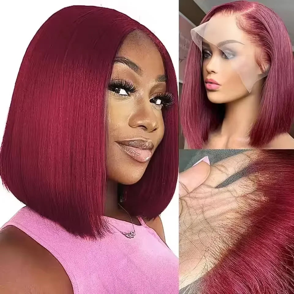 Transparent Full Frontal Lace Burgundy Straight Short Bob Human Hair Wigs