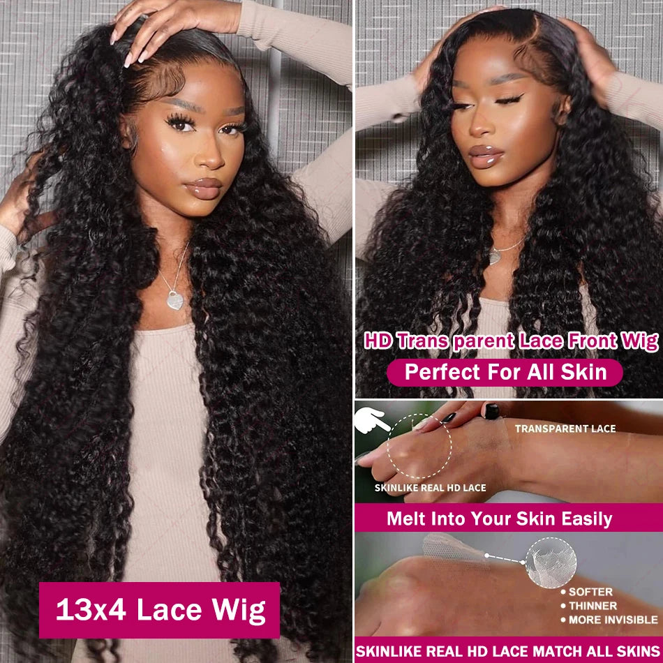 Transparent 250 Density Water Culry Hd Lace Frontal Wig Human Hair 40 42 Inch Deep Wave 13x4 Lace Front Wigs For Black Women