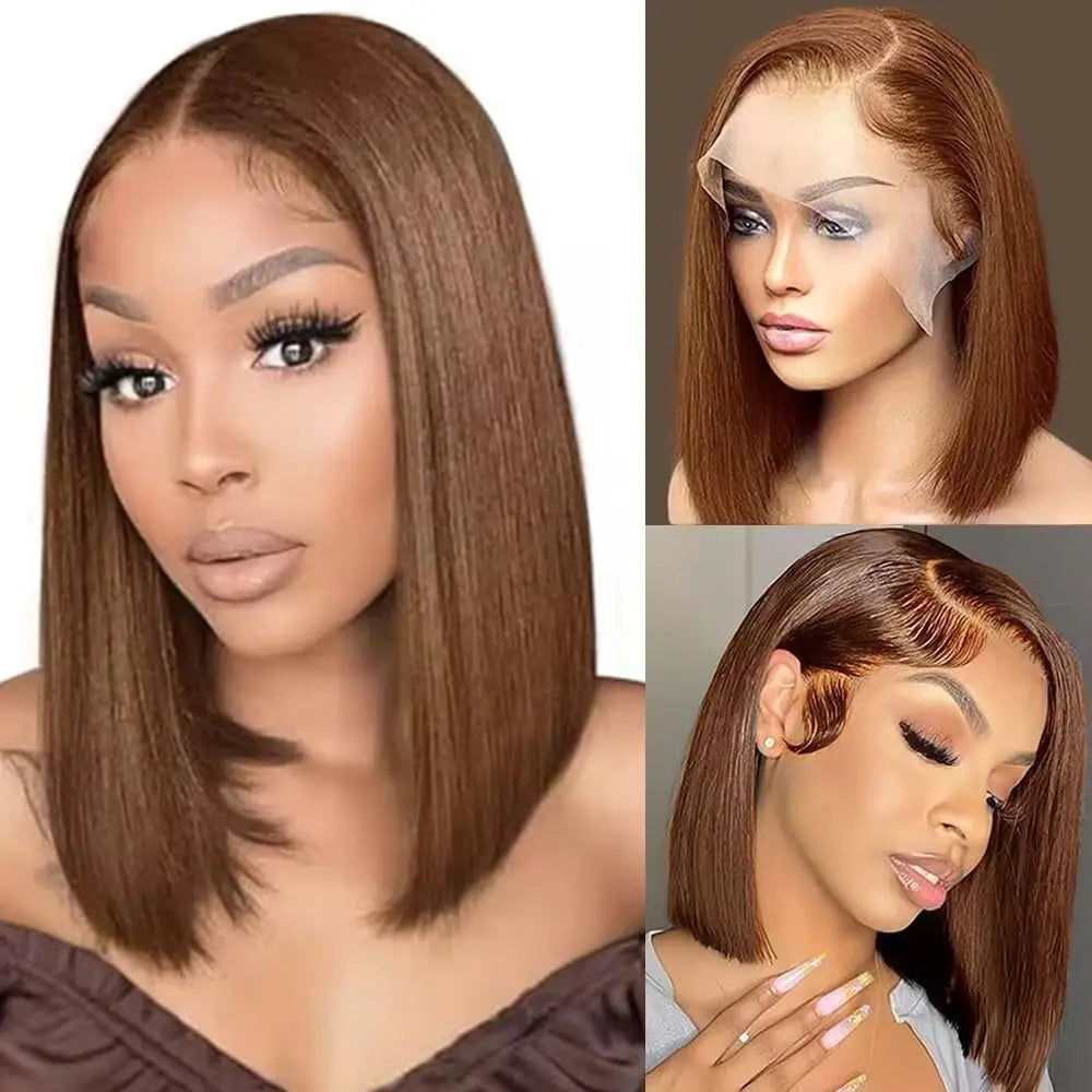 Short Bone Straight 13x4 HD Transparent Lace Front Chocolate Brown Wig