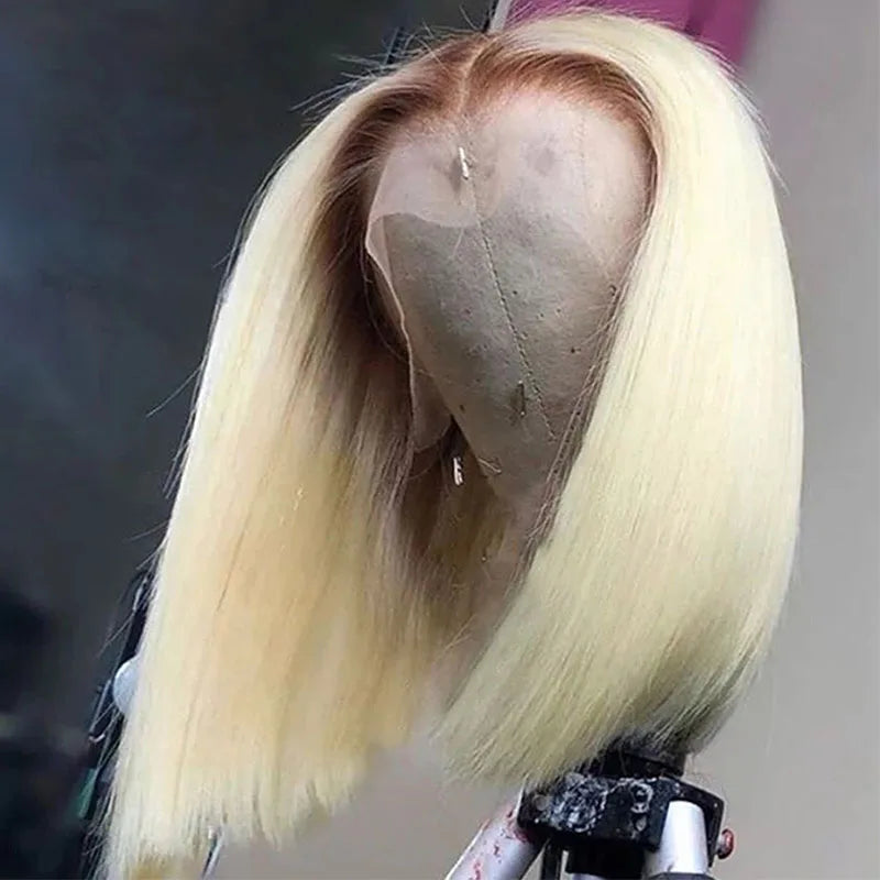 Honey Blonde Dark Root Coloured Short Bob Lace Frontal Wig Closure Wig