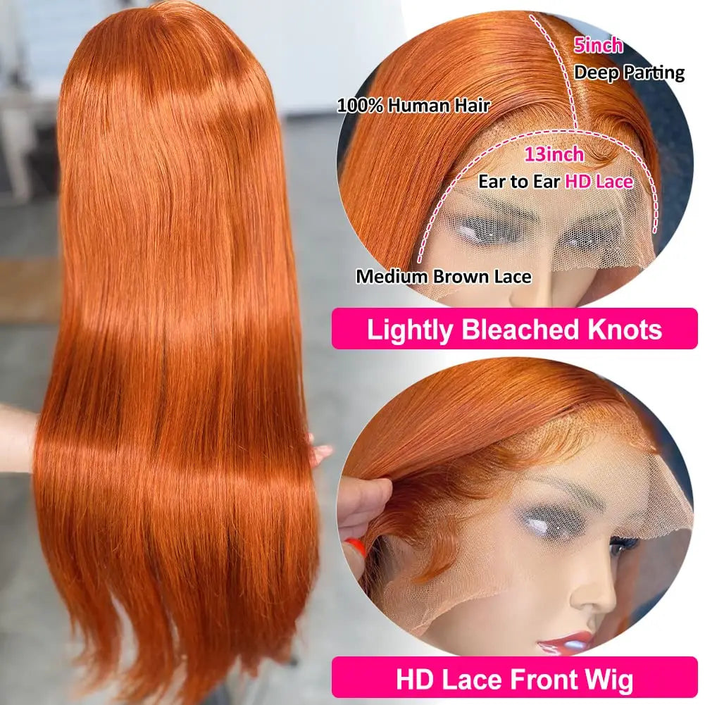 Orange Ginger Lace Front Human Hair Straight Lace Frontal Pre Plucked Wig
