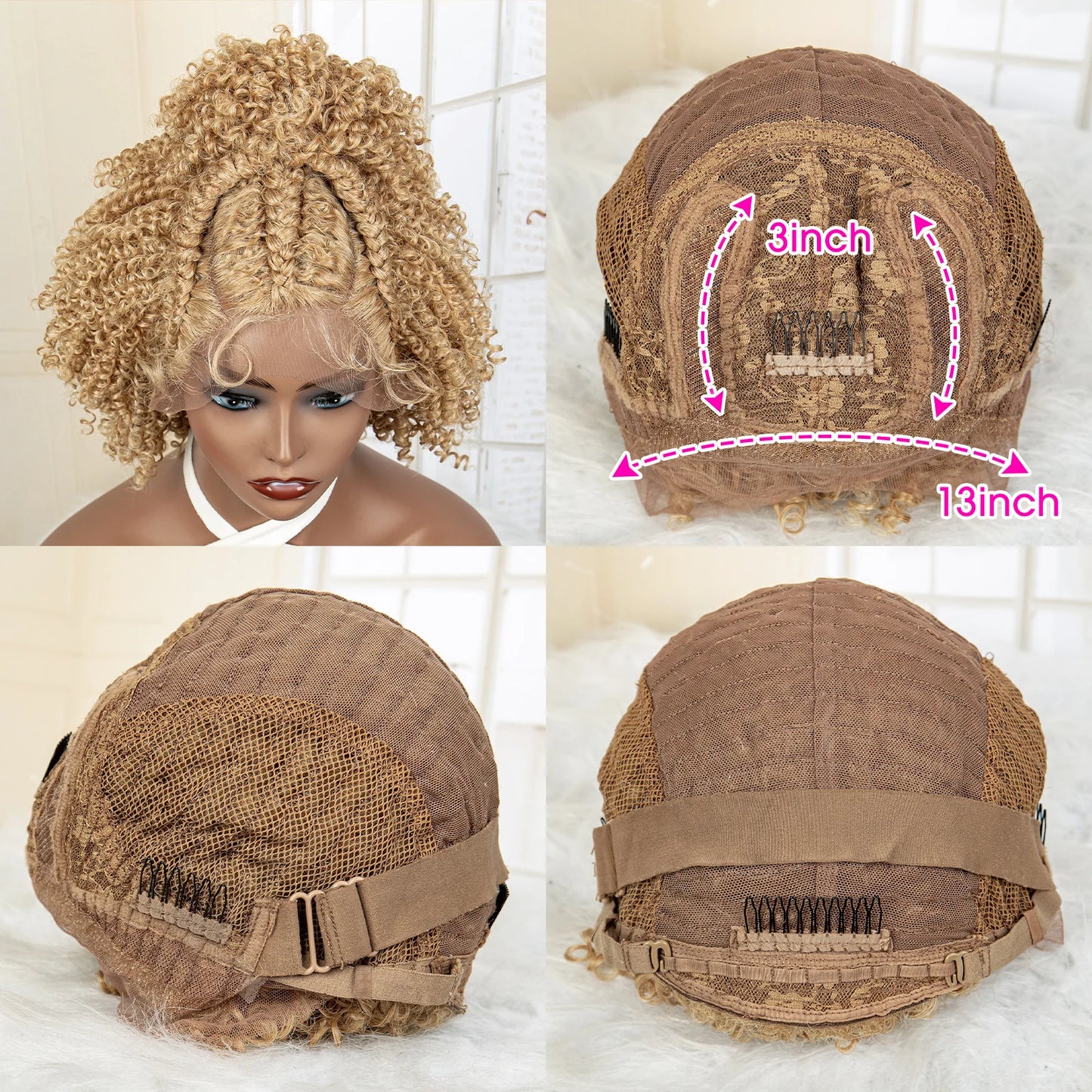 Short Synthetic Blonde Braided Wigs with Baby Hair Jerry Curly Hair Wigs Curly Bob Wig with Buns