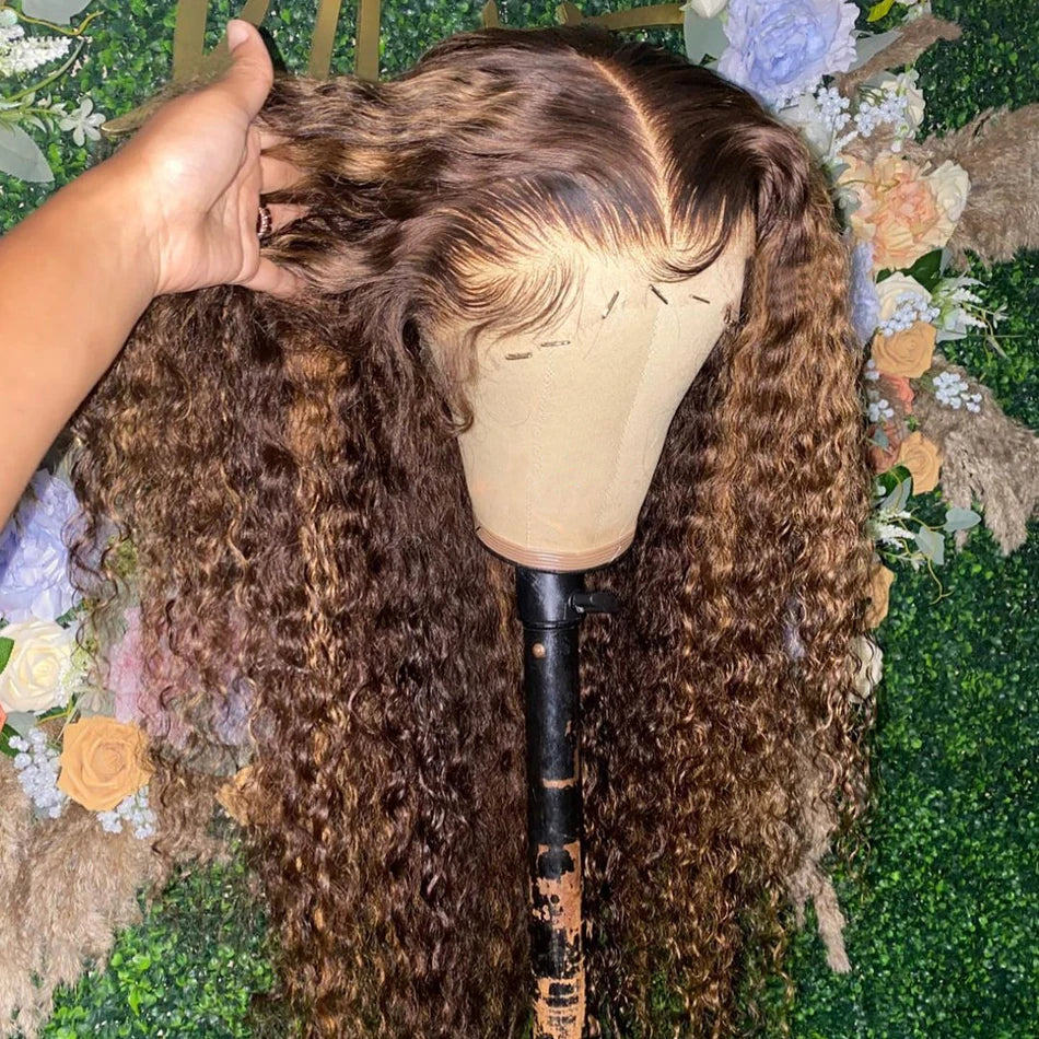 Lace Water Deep Wave Frontal Highlight Honey Brown Glueless Curly Human Hair - Supreme Lush Hair