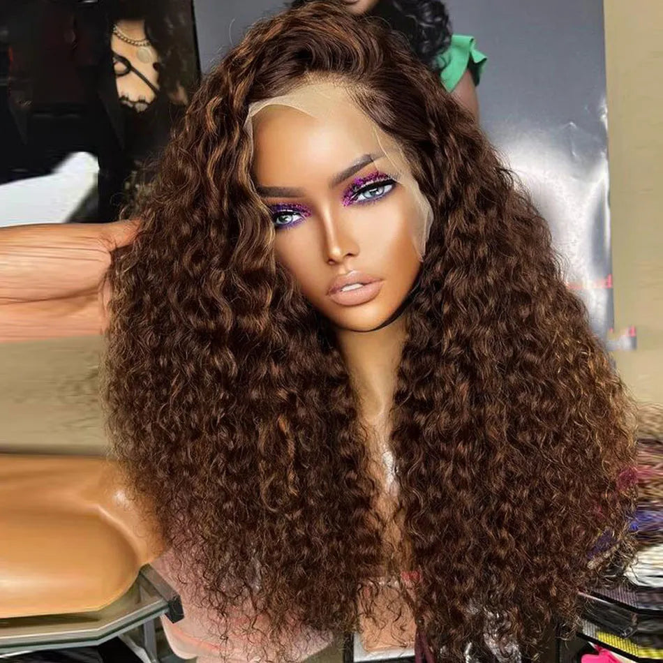 Natural Hairline Soft Pre plucked 26Inch Long 180%Density Glue less Brown Kinky Curly Lace Front Wig With Baby Hair