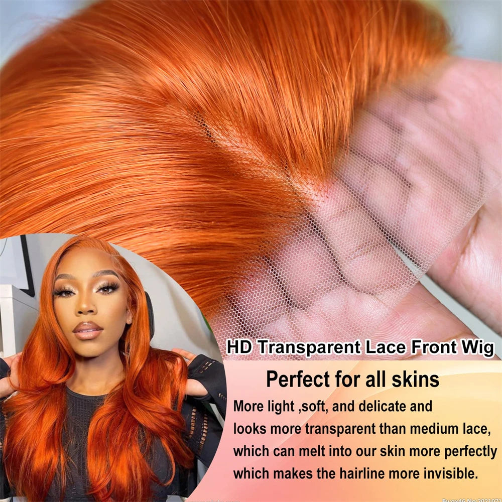Body Wave Colored Lace Frontal Ginger Orange HD Lace Front Glueless Human Hair Wig
