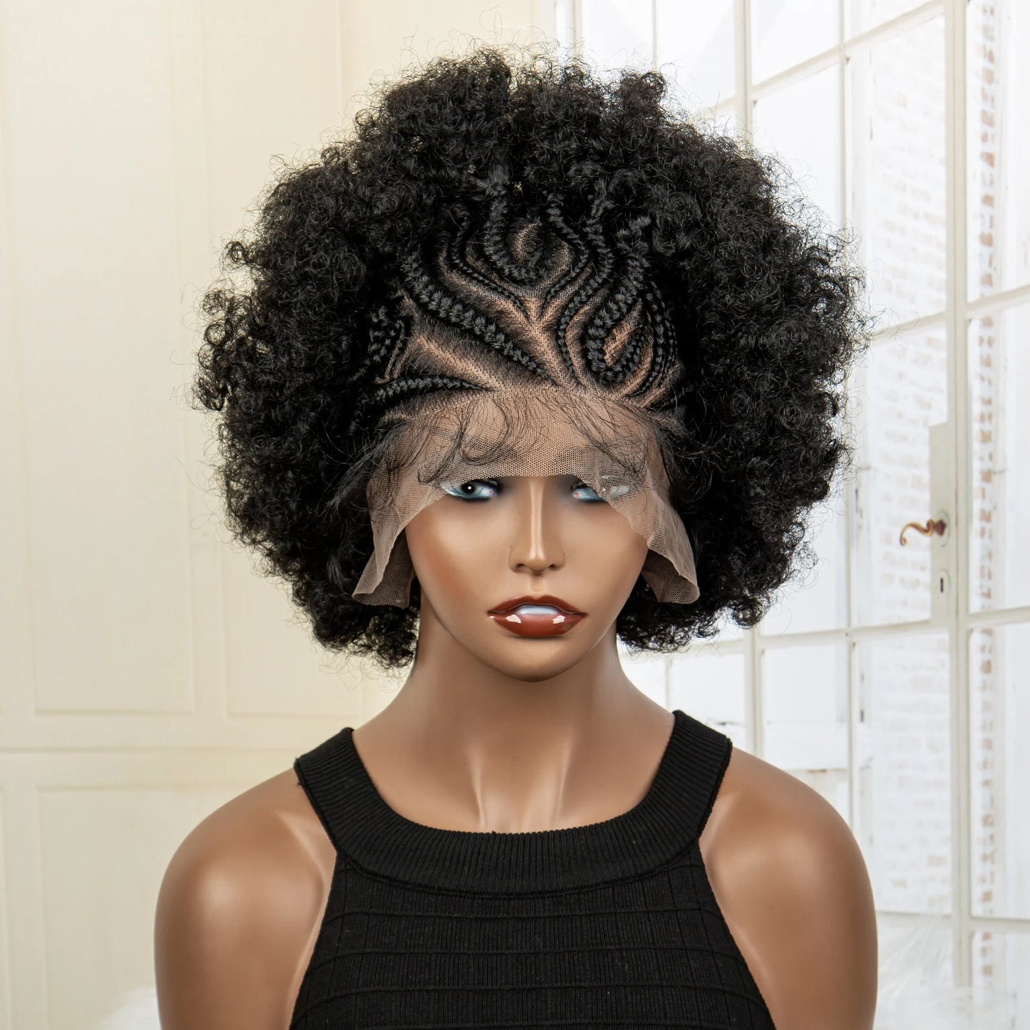 Synthetic 13x6 Lace Frontal Cornrow Braided Wig Kinky Curly Bob with Buns