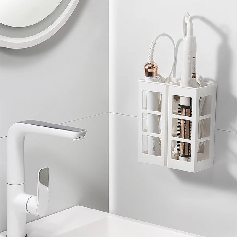 Wall Mounted Holder Hair Dryer Holders Hair Curler Stick Storage Box Hollow Bathroom Shelves Hairdressing Tools Organizer