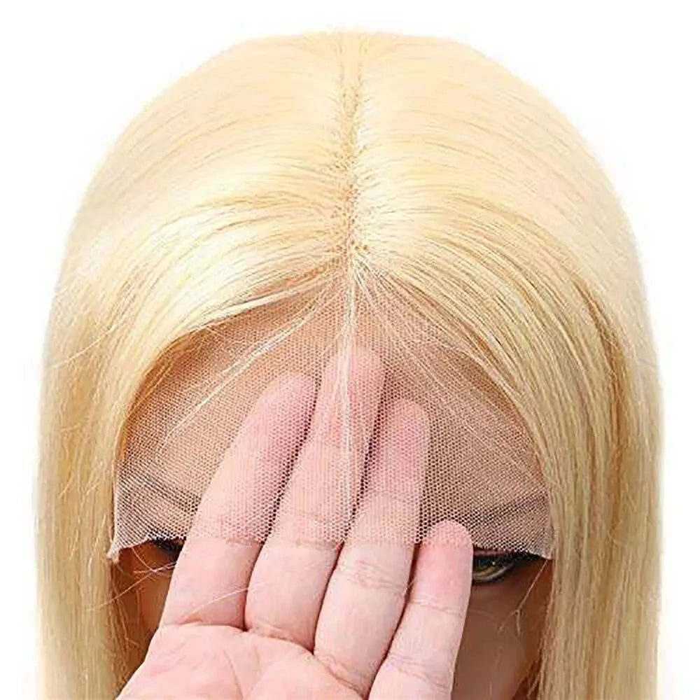 Honey Blonde Straight Short Bob Wig T Part Lace Front Human Hair
