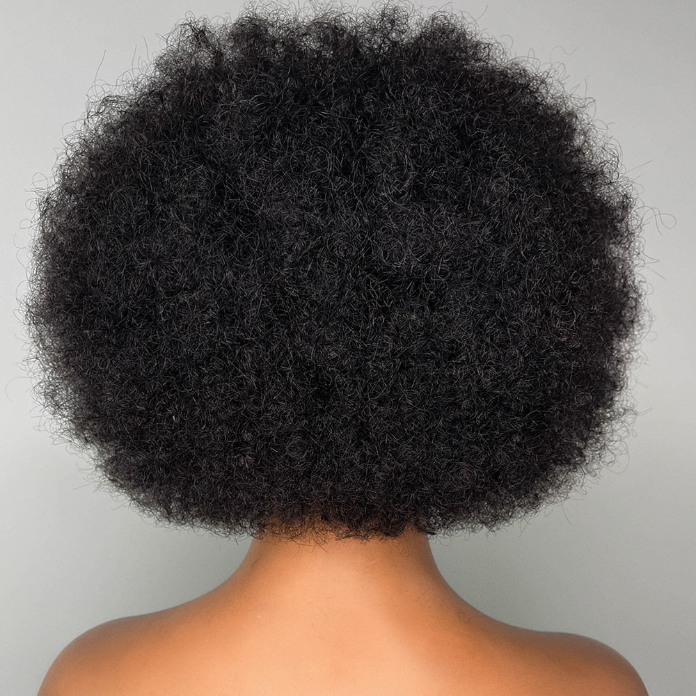 Fluffy Afro Kinky Curly Human Hair Wig With Thick Bang 70s Natural Short Bob Wigs - Supreme Lush Hair