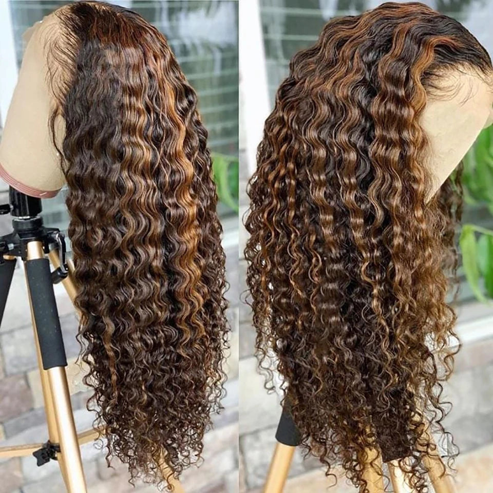 Pre Cut Highlight Curly Human Hair Deep Wave Bleached Wigs