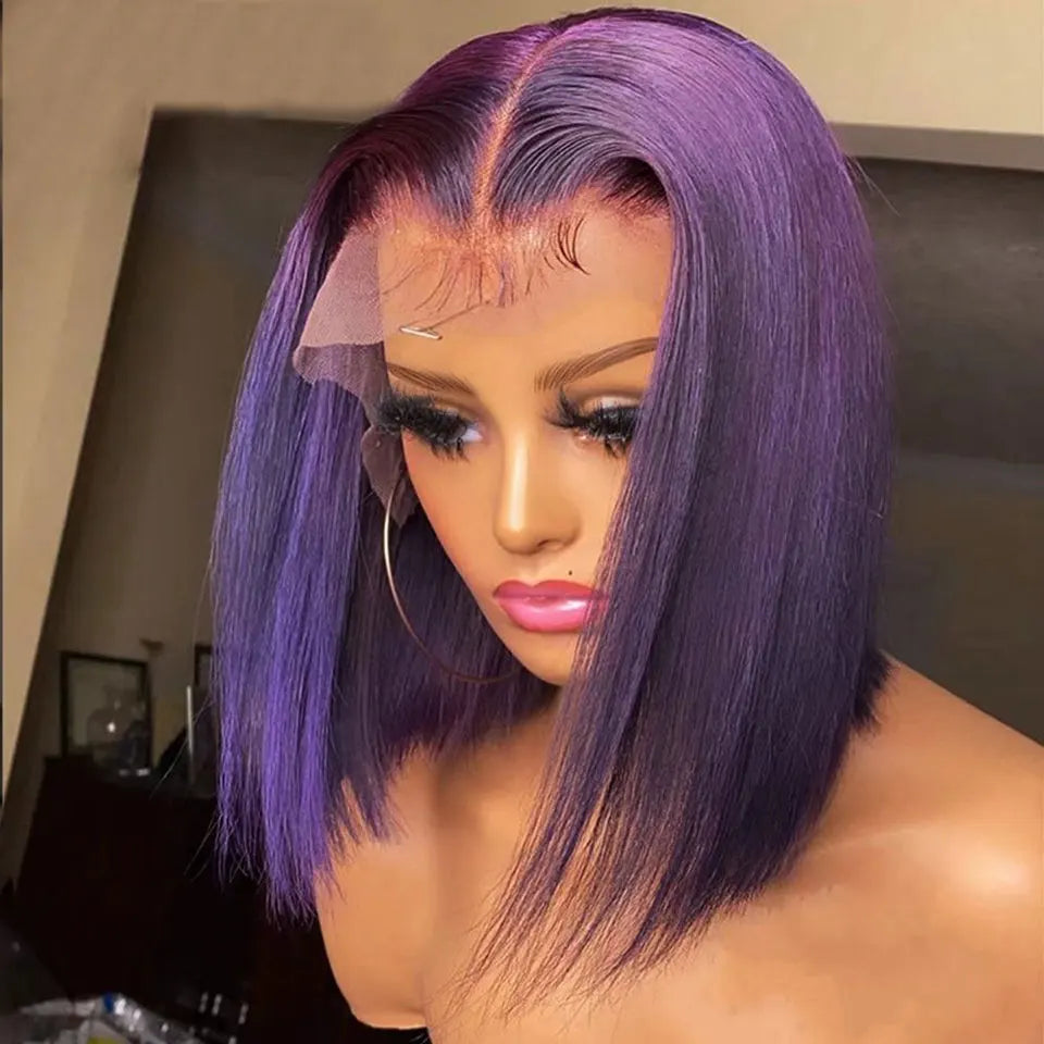 Short Bob Wig 180% Dark Purple Lace Front Human Hair Wigs