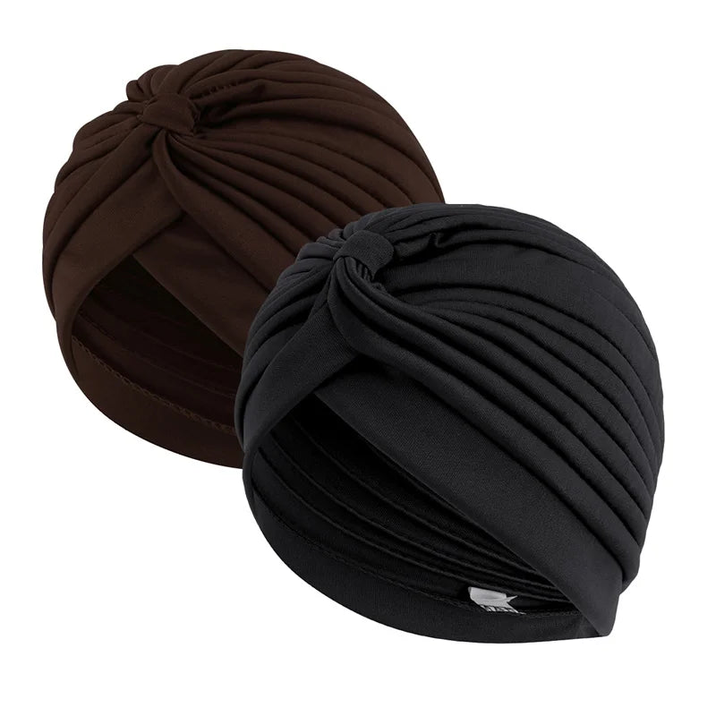 2pcs/lot Stretch Turbans Head Cover Twisted Pleated Headwrap Assorted Hair Cover Beanie Hats for Women Girls