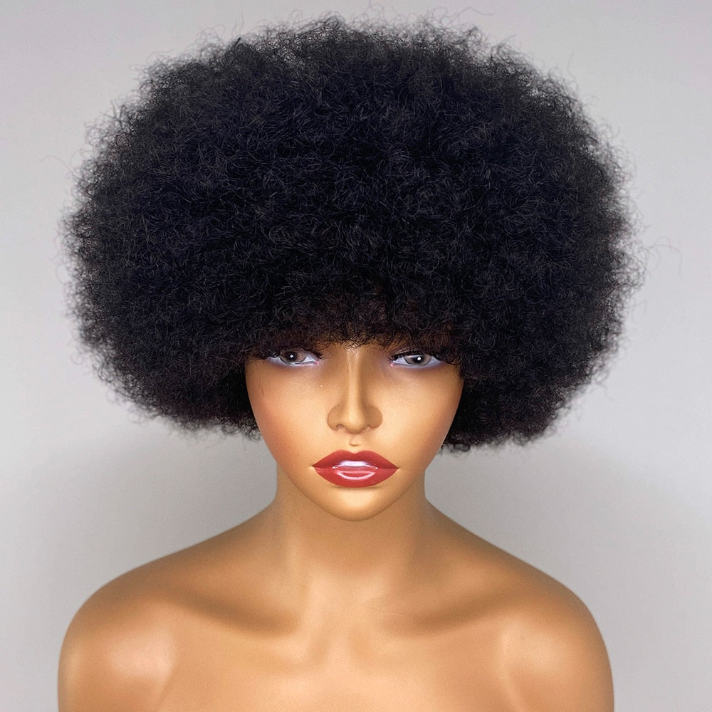 Fluffy Afro Kinky Curly Human Hair Wig With Thick Bang 70s Natural Short Bob Wigs - Supreme Lush Hair