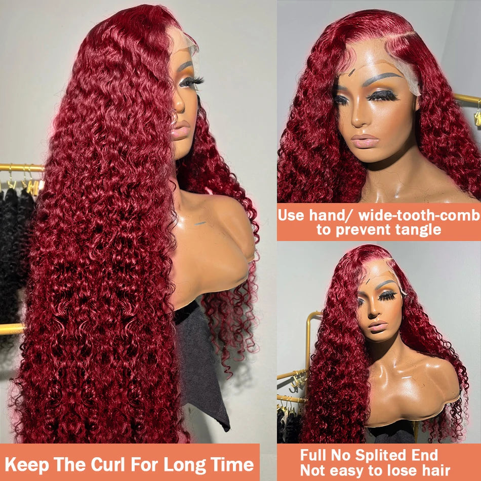 Curly Burgundy 13x6 HD Lace Frontal Wig Human Hair Brazilian Deep Wave