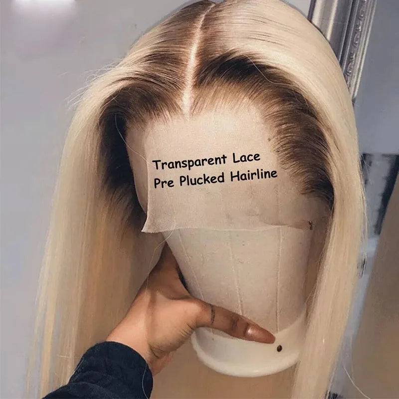 Honey Blonde Dark Root Coloured Short Bob Lace Frontal Wig Closure Wig