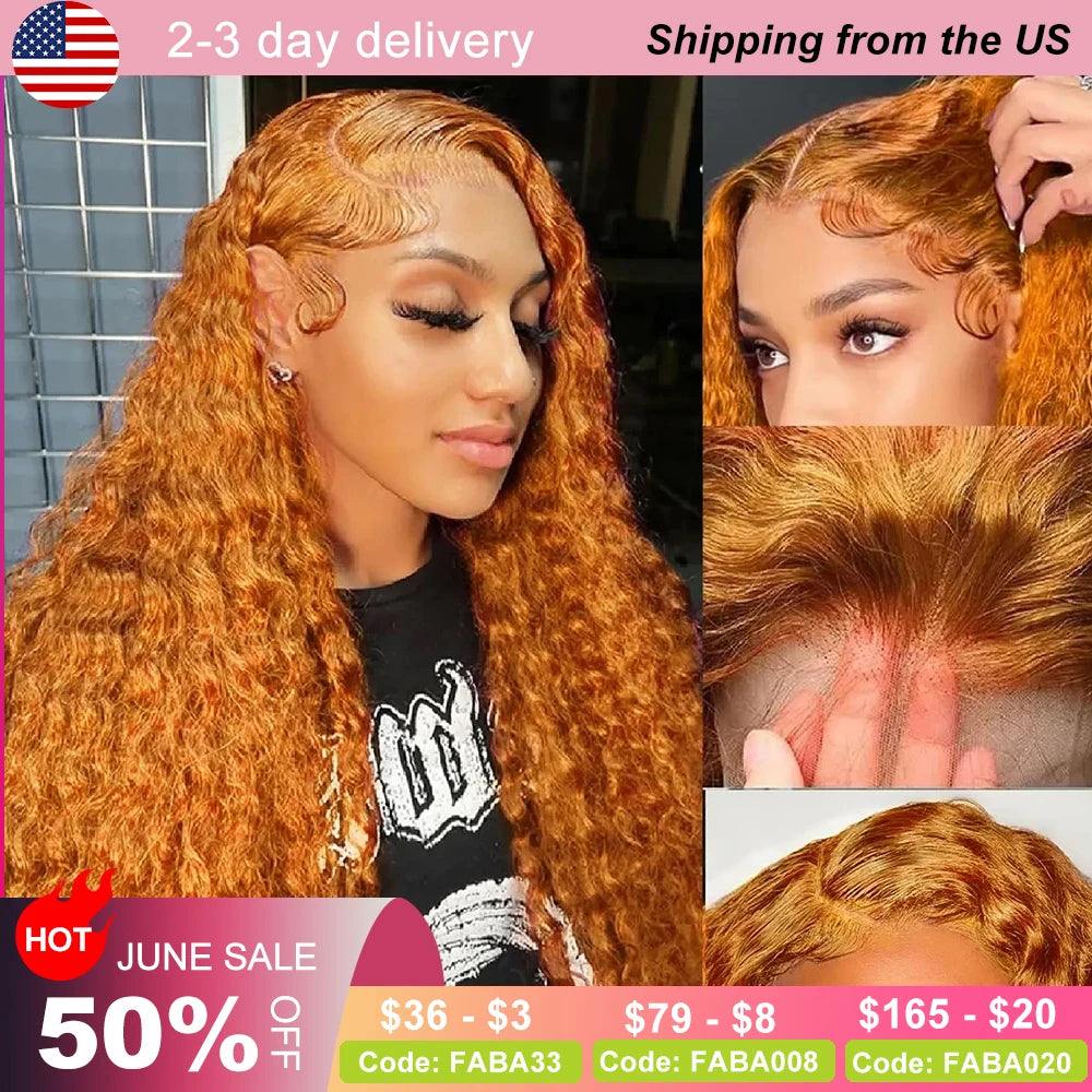 32 Inch Ginger Curly Lace Front Wig Human Hair with Baby Hair 13x4 HD Lace Front Ginger Deep Wave Human Hair Wigs 180 Density