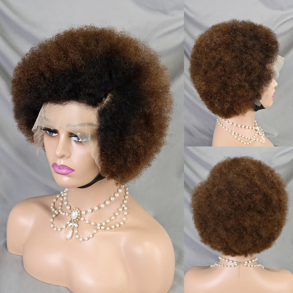 Afro Kinky Curly Lace Front Human Hair Afro Side Part Natural Hairline Glue less Short Wigs