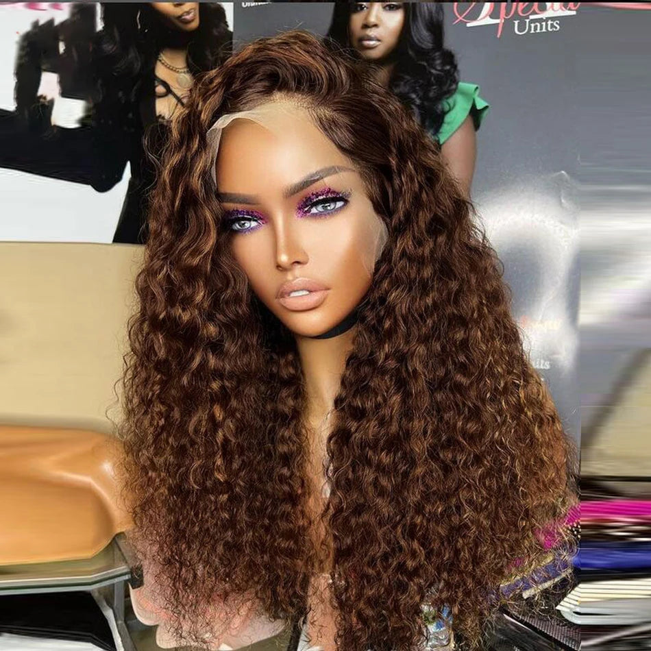 Natural Hairline Soft Pre plucked 26Inch Long 180%Density Glue less Brown Kinky Curly Lace Front Wig With Baby Hair