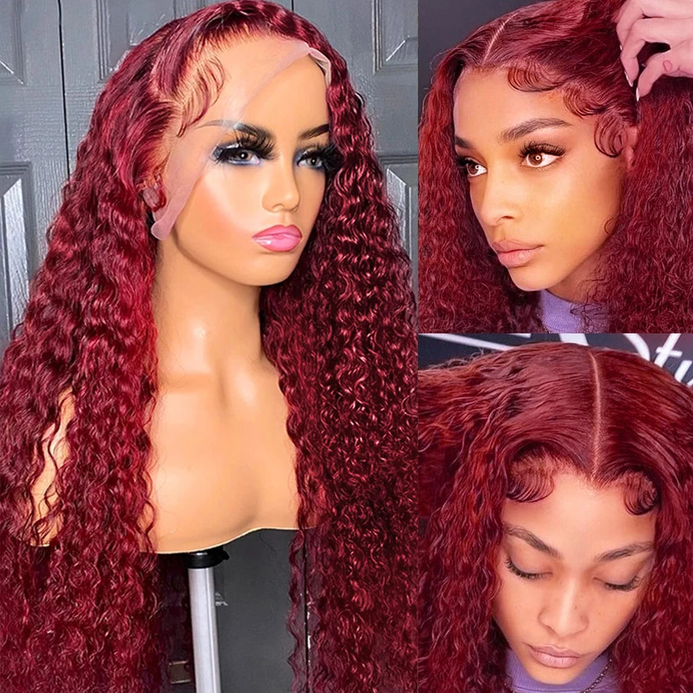 Curly Burgundy 13x6 HD Lace Frontal Wig Human Hair Brazilian Deep Wave