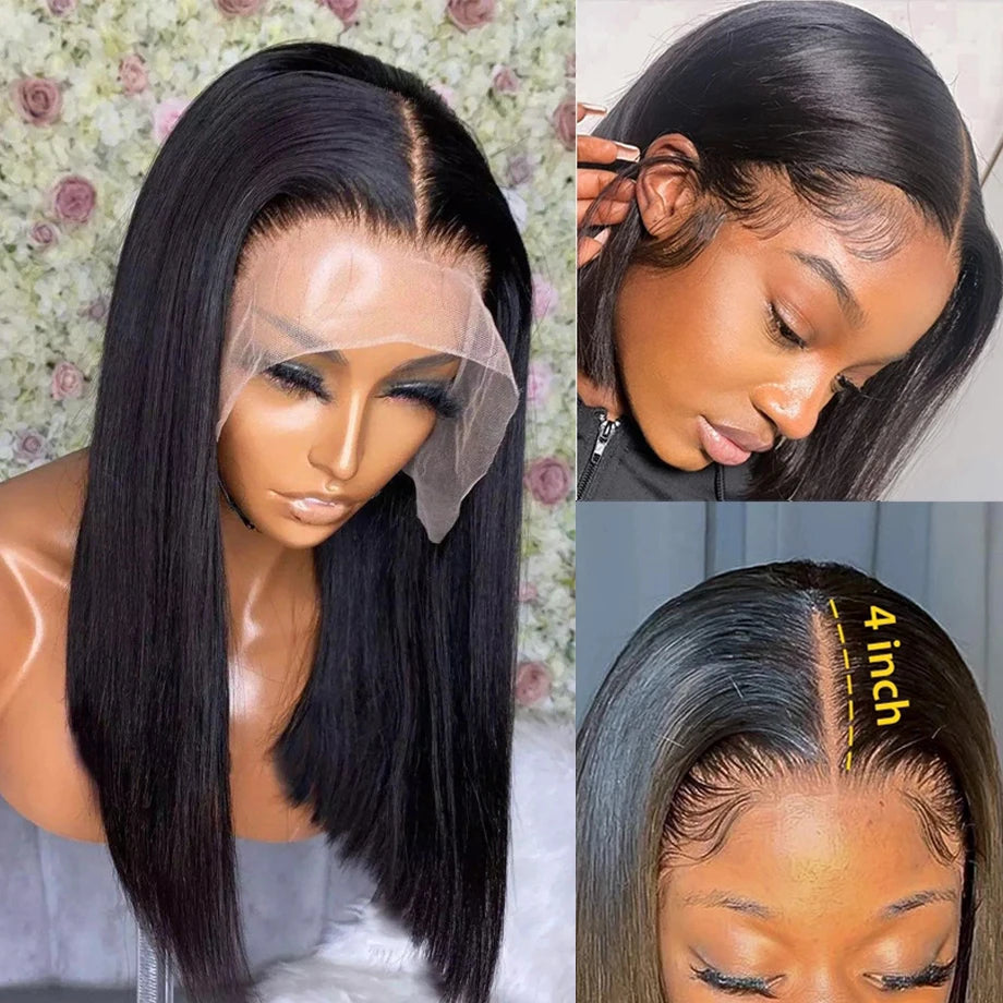 Pre Plucked Closure Brazilian Hair Lace Front Short Bob Wig Straight Natural Black Human Hair